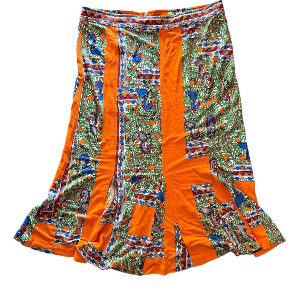 Tory Burch Orange and Green Patterned Midi Skirt